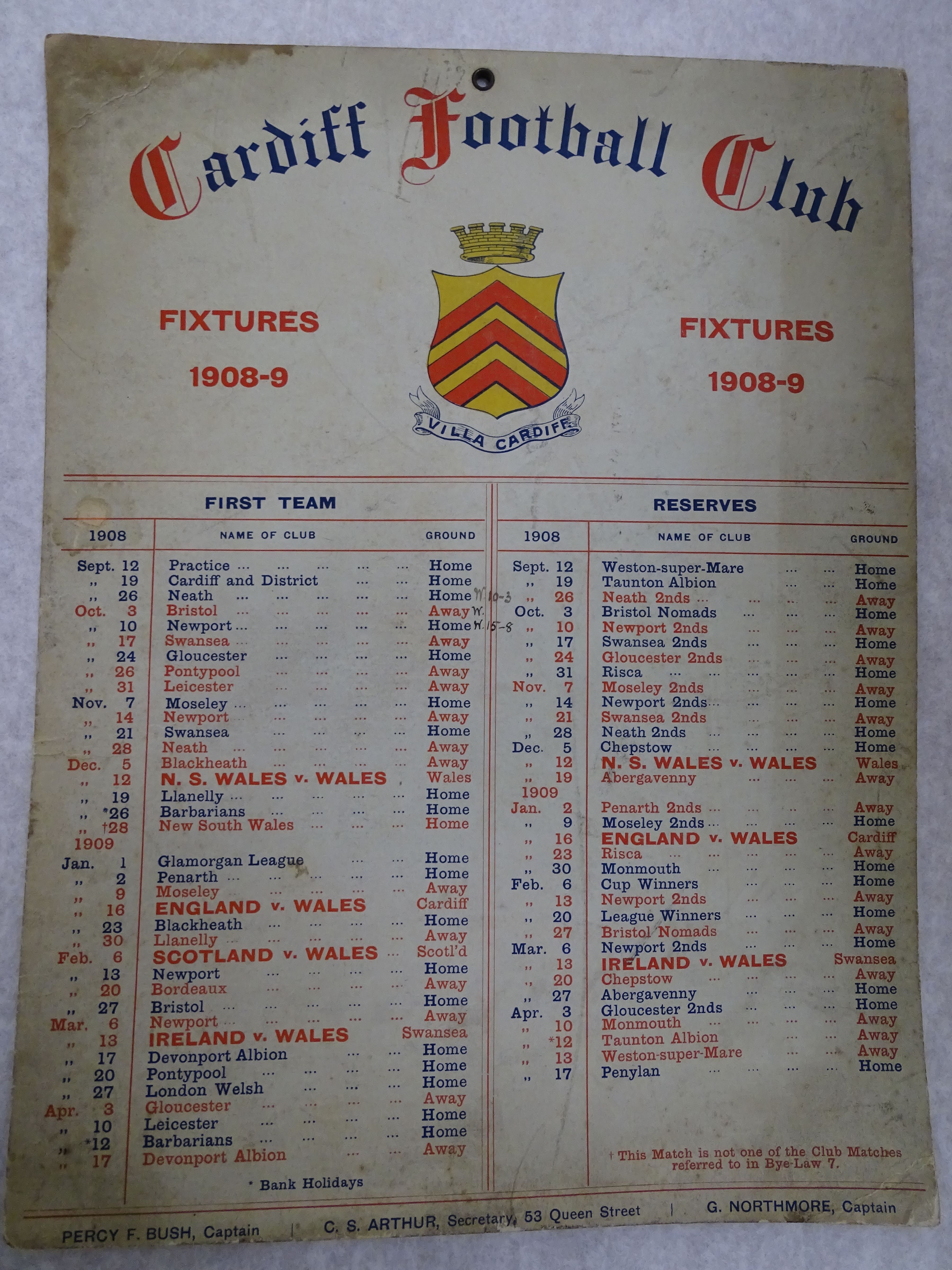 Fixture List - Cardiff Football Club 1908/09 - Cardiff Rugby Museum